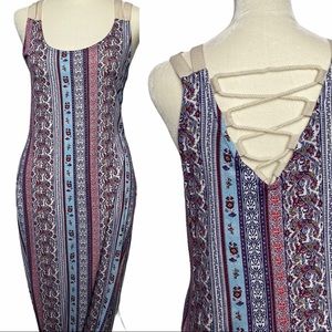 Pink Rose Maxi Dress Open Back Paisley Purple Blue